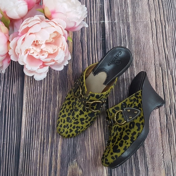 Cole Haan Calf Hair Mules, Green Leopard, Sz 6 - Picture 2 of 8